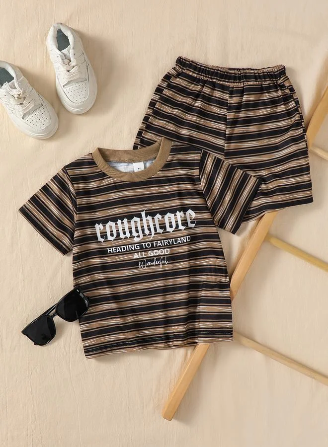 Take Two Boys Multi-Color Striped Slogan Print T-Shirt and Shorts Set