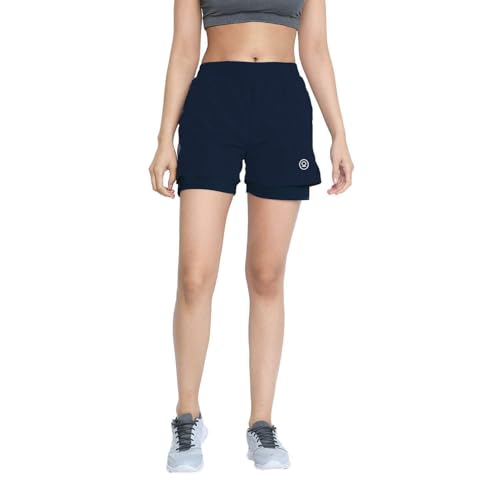 CHKOKKO Sports Shorts for Women Running Gym Workout – Dry Fit Quick Dry Double Layer Inner Compression with Pockets | Breathable Lightweight Athletic Wear Above Knee Navy S - Image 1