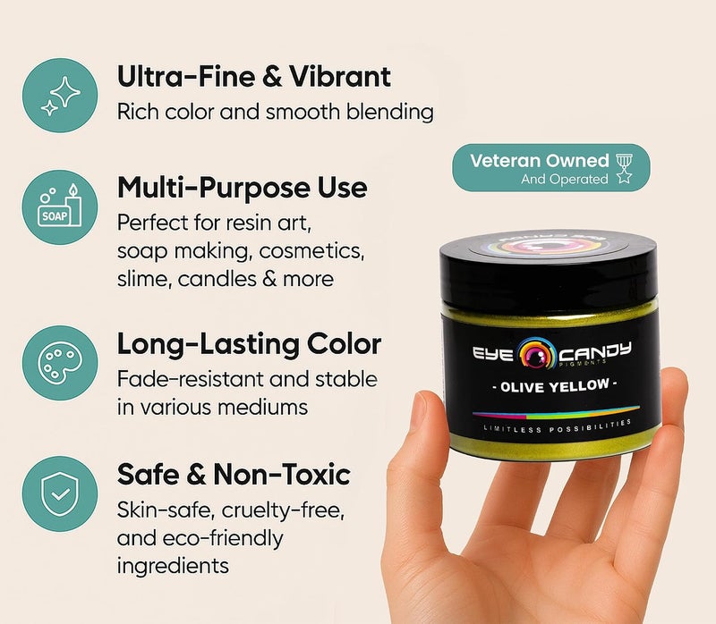 Eye Candy Mica Powder Pigment “Olive Yellow” (50g) Multipurpose DIY Arts and Crafts Additive | Woodworking, Epoxy, Resin, Natural Bath Bombs, Paint, Soap, Nail Polish, Lip Balm (Olive Yellow, 50G) - Image 3