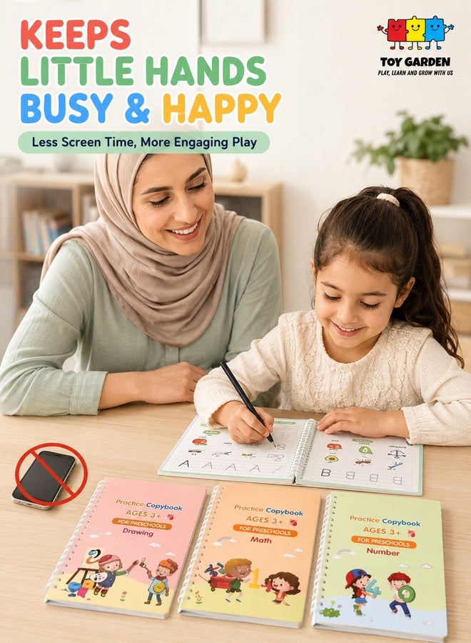 حديقة الألعاب دفاتر كتابة سحرية للأطفال – كتب عمل للكتابة قابلة للاستخدام المتكرر بتصميم قوالب مع خطوط | مجموعة مساعدة للكتابة (4 كتب مع أقلام) - Image 2