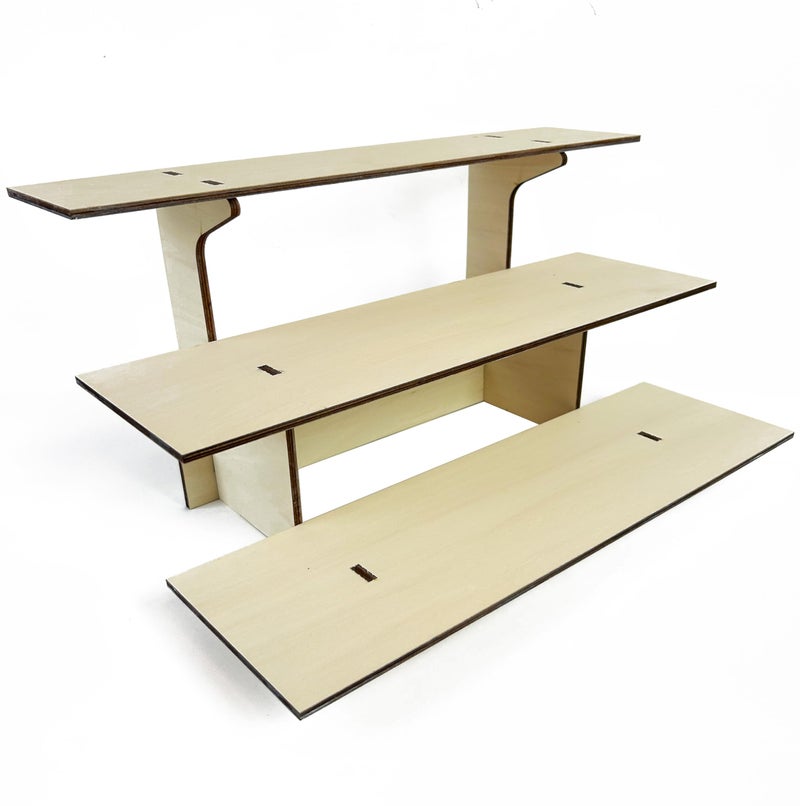 TORCHED DISPLAYS 3Tier Straight Wooden Retail Table Display Stand with Shelves for Products  Portable  3 Step Straight Display Rack for Retail Table Top Counter Top Craft Shows Farmers Market Tradeshows 95 L