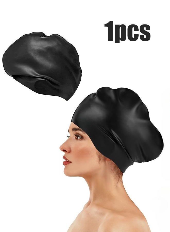 واي جيه قبعة سباحة كبيرة الحجم قبعة سباحة كبيرة ذات شعر طويل مع مساحة إضافية للنساء ذوات الشعر الكثيف الطويل ، قبعة سباحة مقاومة للماء للبالغين قبعة الاستحمام تحافظ على الشعر جافا أسود 1 قطعة - Image 1