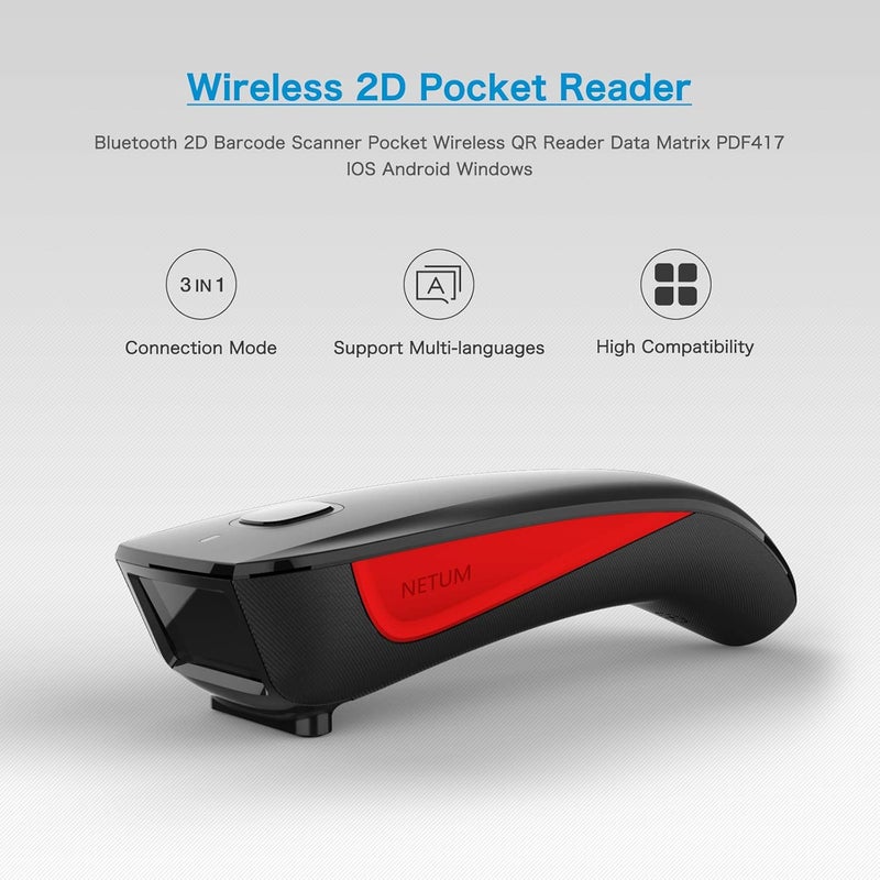 Mini Barcode Scanner Bluetooth Compatible, Small Portable USB Bar Code Scanner for Inventory, 2.4G Cordless Image Reader for Tablet iPhone iPad Android iOS PC POS (2D-C990-Red) - Image 2