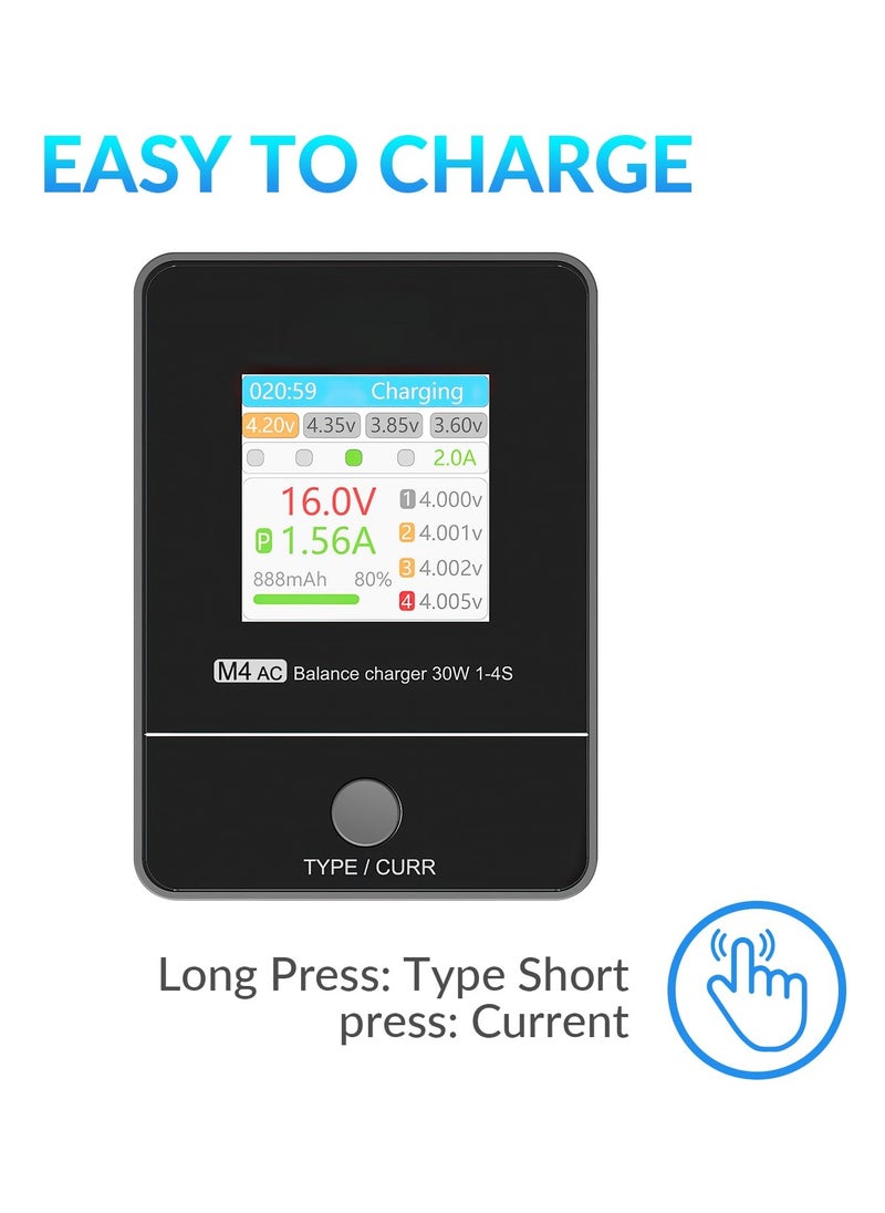 SYOSI - Lipo Balance Charger 30W 1-4S AC 100-240V RC Battery Charger for LiPo LiHV Life Smart Battery Charger Lipo Charger Lipo Battery Charger, Convenient To Read, High Power Density (M4AC) - Image 1