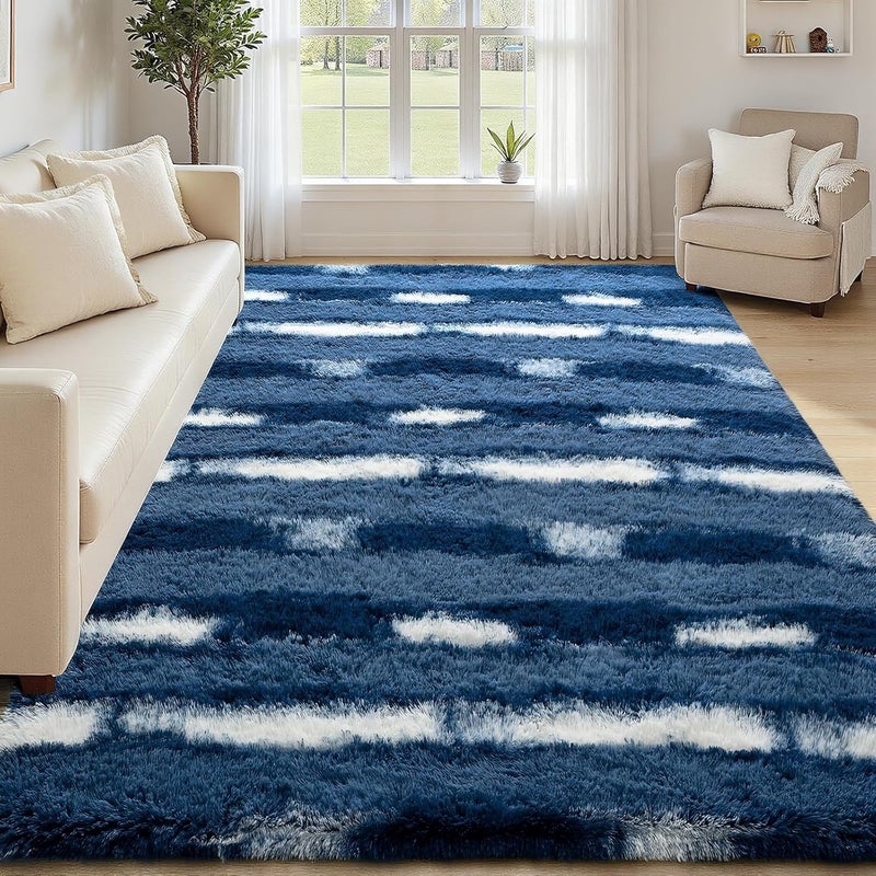 FALARK Shag Blue Striped Area Rug for Boys Room, 4x6 Feet Fluffy Soft Plush Rug for Kids Bedroom Decor, Indoor Non Slip Washable Carpet, Shaggy Carpets for Living Room, Playroom, Nursery - Image 4