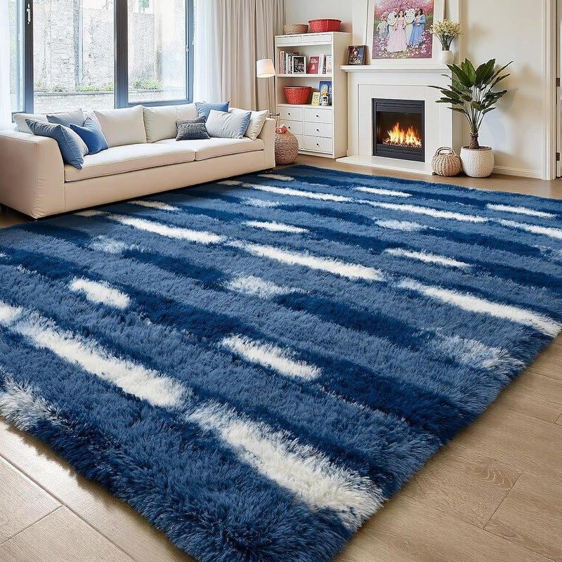 FALARK Shag Blue Striped Area Rug for Boys Room, 4x6 Feet Fluffy Soft Plush Rug for Kids Bedroom Decor, Indoor Non Slip Washable Carpet, Shaggy Carpets for Living Room, Playroom, Nursery - Image 3