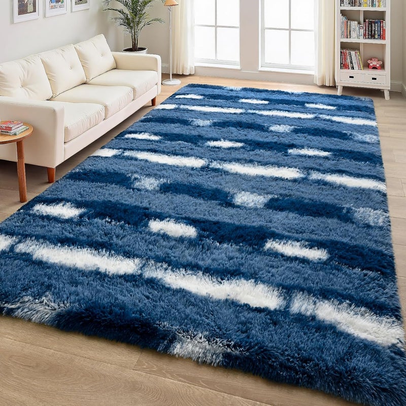 FALARK Shag Blue Striped Area Rug for Boys Room, 4x6 Feet Fluffy Soft Plush Rug for Kids Bedroom Decor, Indoor Non Slip Washable Carpet, Shaggy Carpets for Living Room, Playroom, Nursery - Image 5