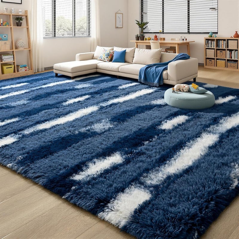 FALARK Shag Blue Striped Area Rug for Boys Room, 4x6 Feet Fluffy Soft Plush Rug for Kids Bedroom Decor, Indoor Non Slip Washable Carpet, Shaggy Carpets for Living Room, Playroom, Nursery - Image 1