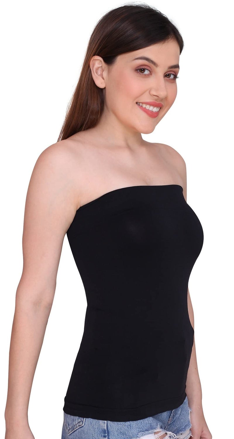 PLUMBURY Nylon Strapless Casual Style Camisole Long Tube Top For Women, Free Size (Pack Of 3) Black/Beige/White - Image 5