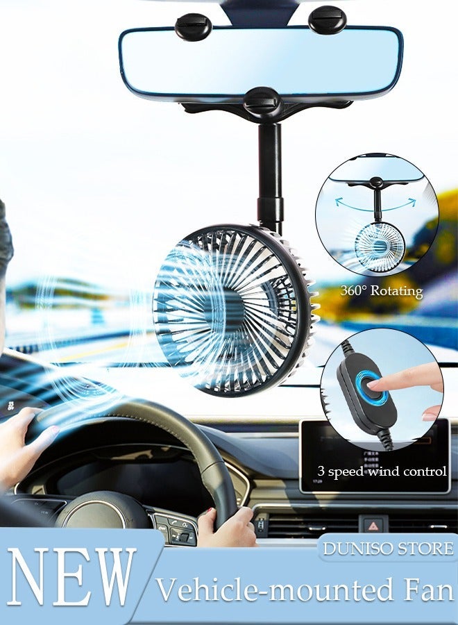 DUNISO USB Car Fan 12V for Car Interior Rear View Mirror, Adjustable Car Clip Fan, Car Essentials Car Cooler Fan with Stepless Speed Regulation for Car/Vehicle SUV, RV - Image 1