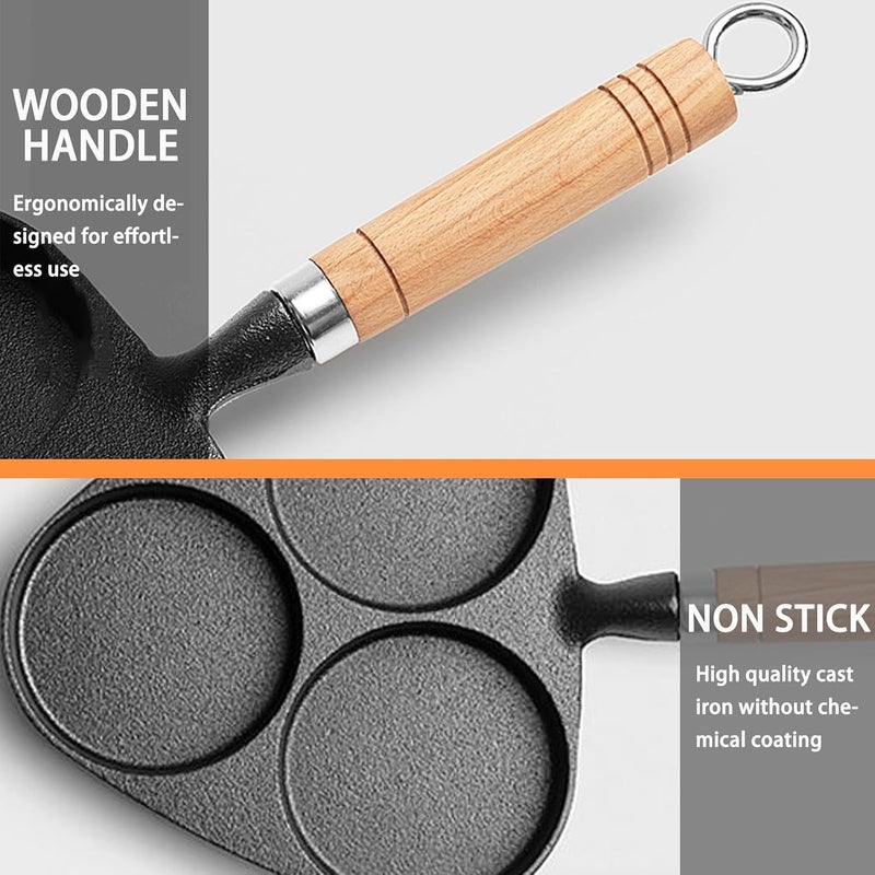 Excefore 3Cup Egg Pans Nonstick, Aluminum Nonstick frying pan, pancake pan, Cast Iron Egg Pan, Divided Grill Pan with wooden handle, For frying eggs, steaks, and hamburgers for breakfast - Image 3