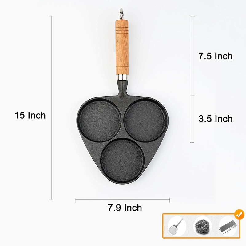 Excefore 3Cup Egg Pans Nonstick, Aluminum Nonstick frying pan, pancake pan, Cast Iron Egg Pan, Divided Grill Pan with wooden handle, For frying eggs, steaks, and hamburgers for breakfast - Image 4
