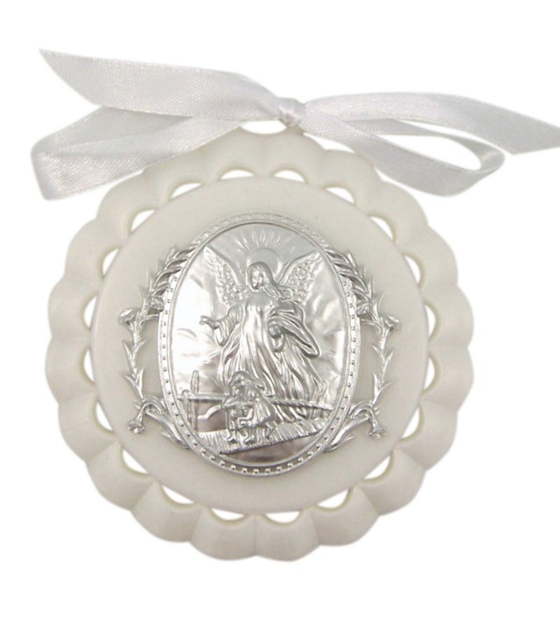 Moulded Acrylic White Crib Medal with Guardian Angel for Baby Nursery Decor 3 12 Inch