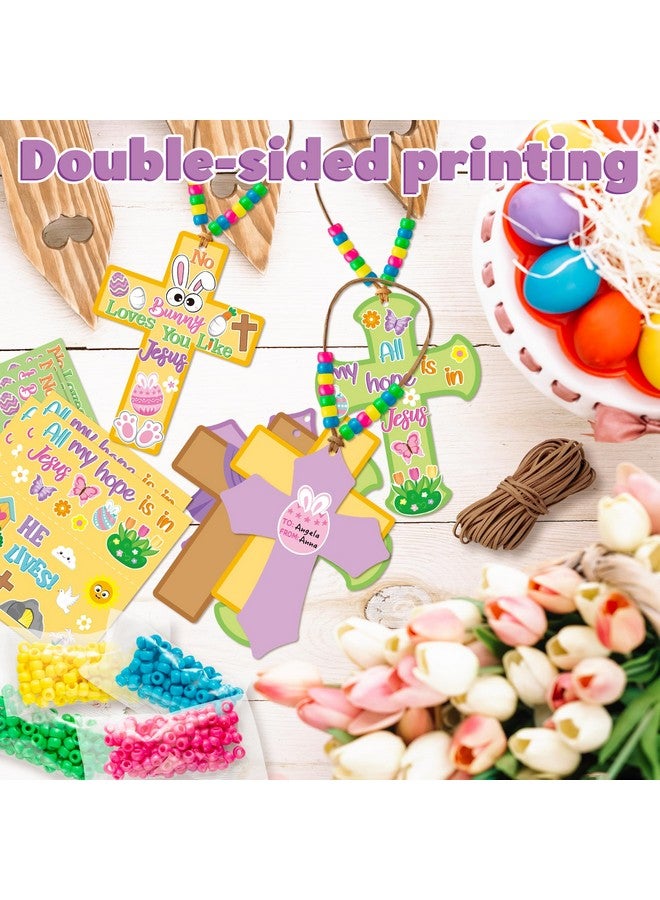 BeYumi Easter Cross Necklace Craft - 28Pcs Easter Religious Cross Necklace Craft Kit for Kids DIY He is Risen Sticker and Beads Christian Decor Sunday School Classroom Party Activities - Image 3