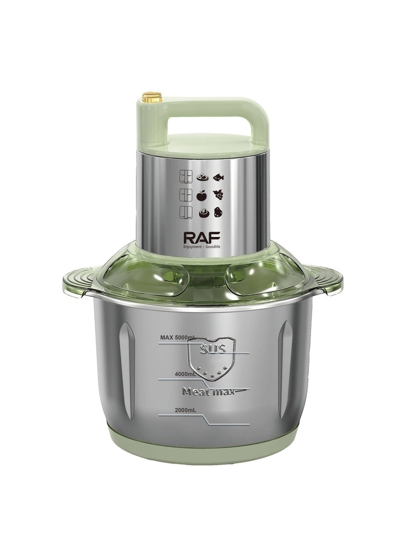 آر إيه أف محضر طعام RAF، وعاء من الفولاذ المقاوم للصدأ سعة 5 لترات، محرك قوي 500 واط، شفرة حادة مزدوجة الطبقات، مفرمة كهربائية للحوم والخضراوات، جهاز مطبخ - Image 1