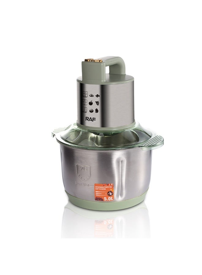 آر إيه أف محضر طعام RAF، وعاء من الفولاذ المقاوم للصدأ سعة 5 لترات، محرك قوي 500 واط، شفرة حادة مزدوجة الطبقات، مفرمة كهربائية للحوم والخضراوات، جهاز مطبخ - Image 5