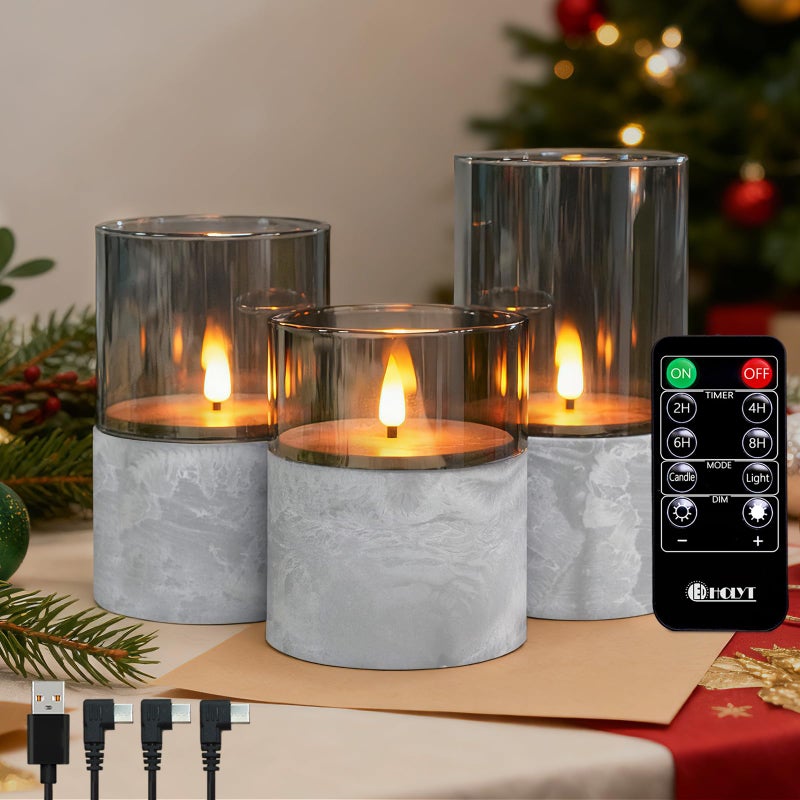 LEDHOLYT Rechargeable Marble Flameless Candles, Gray Glass LED Pillar Candle with Remote & Timer,Decorative Candles for Living Room, Bedroom, Holiday DÃ©cor & Gifts for Women,Set of 3 - Image 1