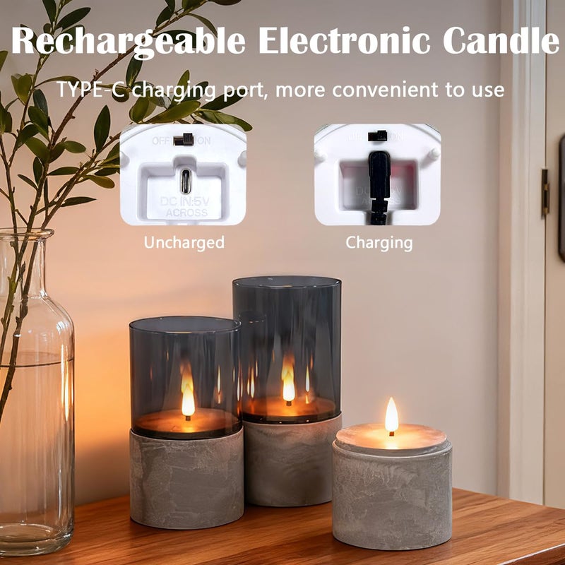 LEDHOLYT Rechargeable Marble Flameless Candles, Gray Glass LED Pillar Candle with Remote & Timer,Decorative Candles for Living Room, Bedroom, Holiday DÃ©cor & Gifts for Women,Set of 3 - Image 4