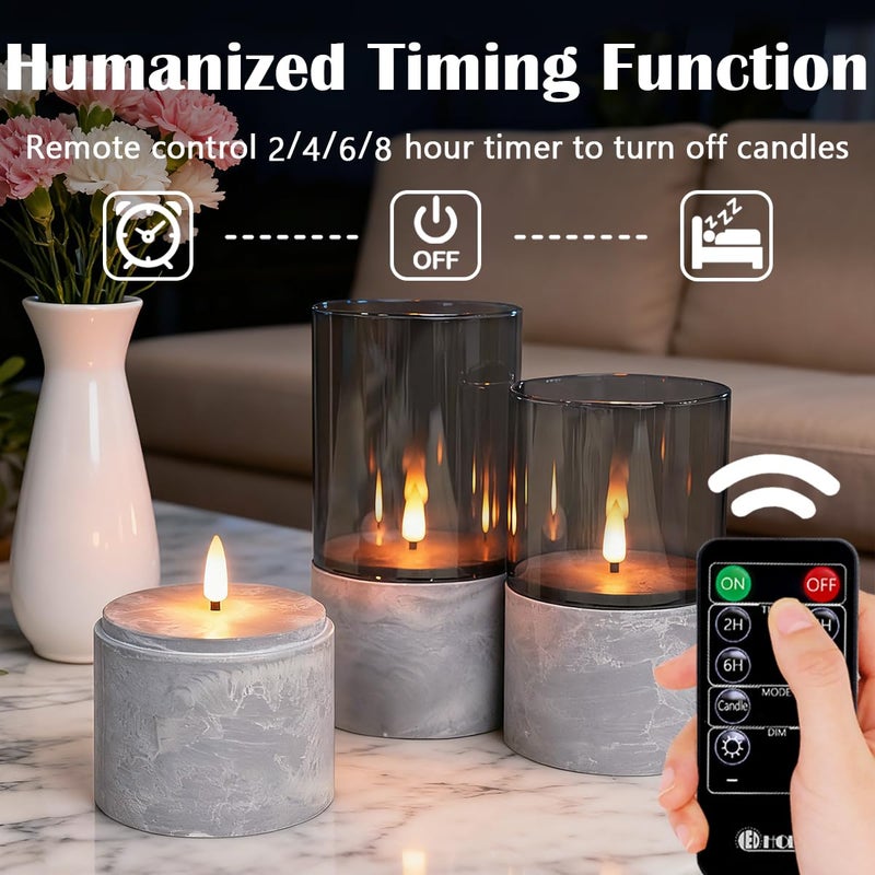 LEDHOLYT Rechargeable Marble Flameless Candles, Gray Glass LED Pillar Candle with Remote & Timer,Decorative Candles for Living Room, Bedroom, Holiday DÃ©cor & Gifts for Women,Set of 3 - Image 2