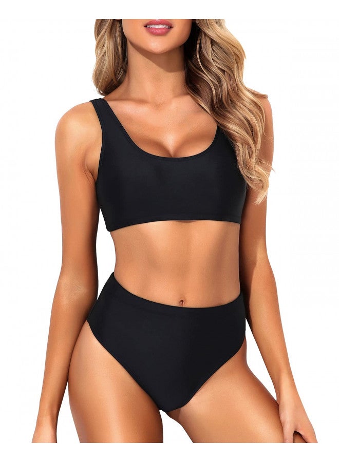 Tempt Me Tempt Me Women Black Two Piece Scoop Neck Bikini Crop Top Swimsuit Sporty High Waisted Bathing Suit Suit XL - Image 4