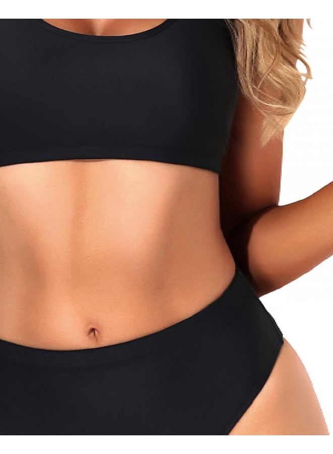 Tempt Me Tempt Me Women Black Two Piece Scoop Neck Bikini Crop Top Swimsuit Sporty High Waisted Bathing Suit Suit XL - Image 2