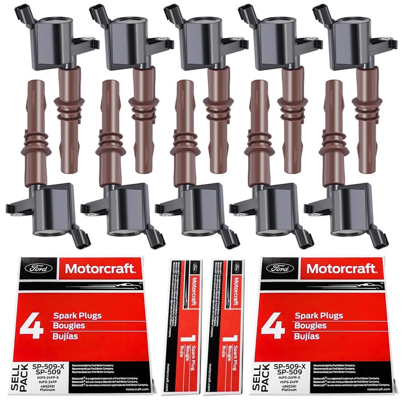 MAS Set of 10 Performance Ignition Coils Pack  OEM Motorcraft Spark Plugs SP509 Compatible with Ford F250 F350 F450 F550 Super Duty F650 F750 F53 F59 68L V10 Replacement for 8L3Z12029A C1659 DG521