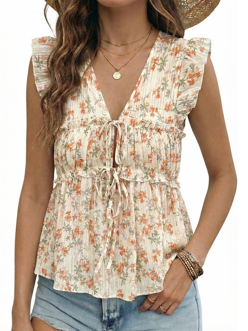 Acelitt Women's Fashion Casual 2026 Summer V Neck Ruffle Cap Sleeve Babydoll Tops Boho Ditsy Floral Print Blouses Shirts Yellow Large - Image 1