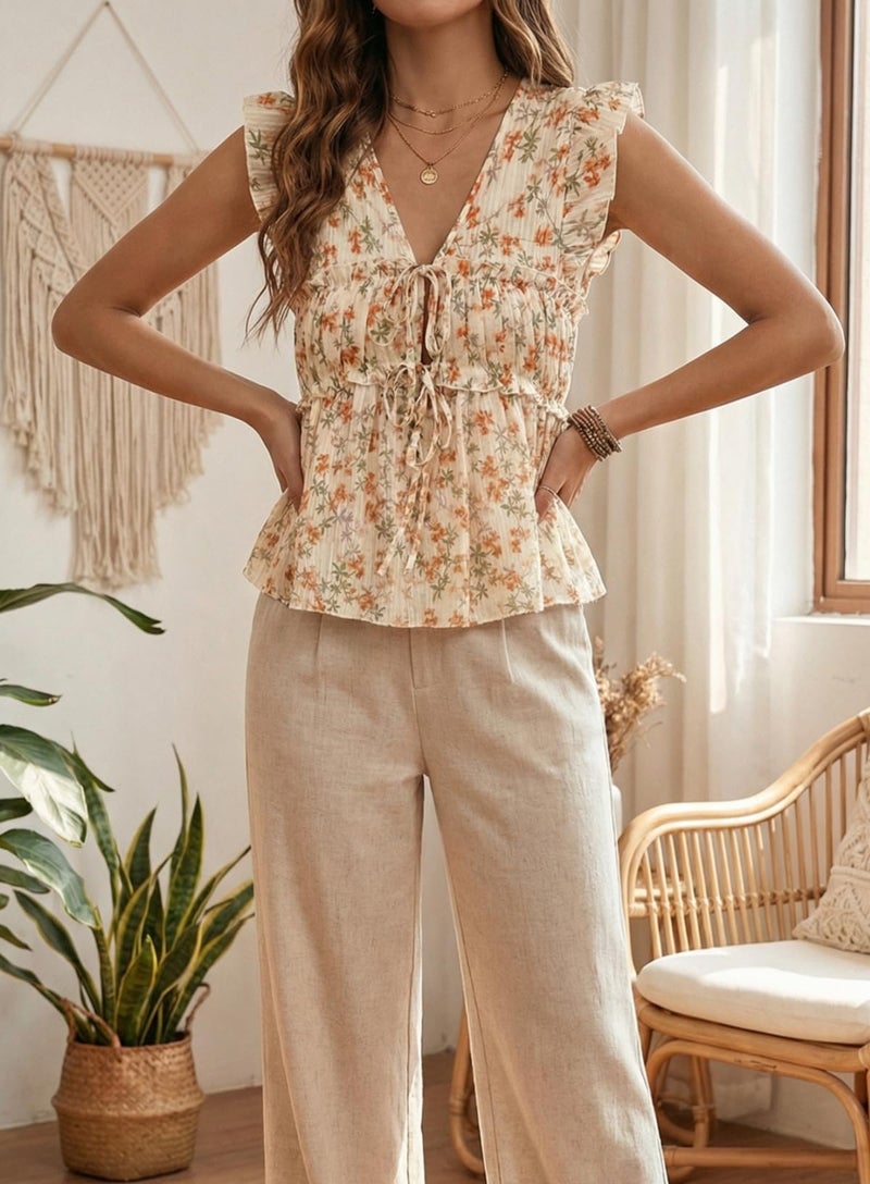 Acelitt Women's Fashion Casual 2026 Summer V Neck Ruffle Cap Sleeve Babydoll Tops Boho Ditsy Floral Print Blouses Shirts Yellow Large - Image 2