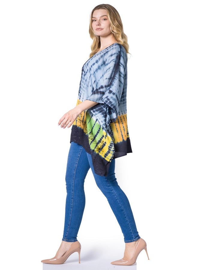 Sakkas K2022New - Eliana Wide Long Tall Embroidered Tie Dye Ombre Batik Poncho Top Blouse - Black/Grey - OS - Image 3