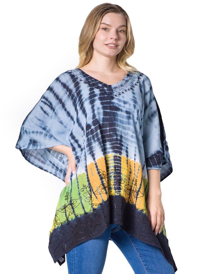 Sakkas K2022New - Eliana Wide Long Tall Embroidered Tie Dye Ombre Batik Poncho Top Blouse - Black/Grey - OS - Image 4