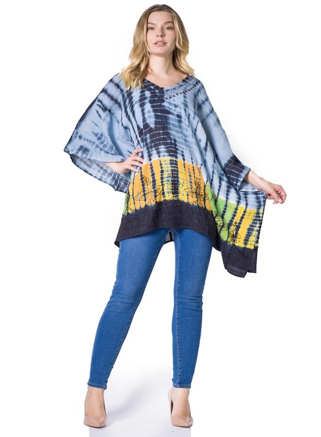 Sakkas K2022New - Eliana Wide Long Tall Embroidered Tie Dye Ombre Batik Poncho Top Blouse - Black/Grey - OS - Image 5