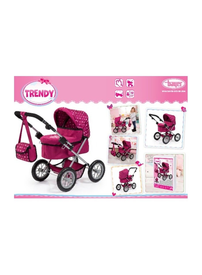 Bayer Design Trendy Doll Pram Bordeaux Red and Pink Dots Adjustable Handle