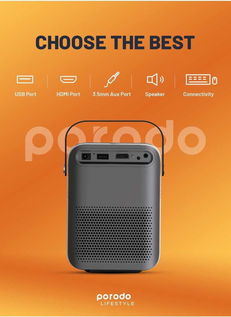 porodo - Full HD Portable Projector 2600mAh Built-in Battery Up to 100 inch Display 70 Min Playtime Wireless Mirroring Bluetooth Version 4.0 - Black - Image 1