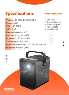 porodo Full HD Portable Projector 2600mAh Built-in Battery Up to 100 inch Display 70 Min Playtime Wireless Mirroring Bluetooth Version 4.0 - Black  - Image 4