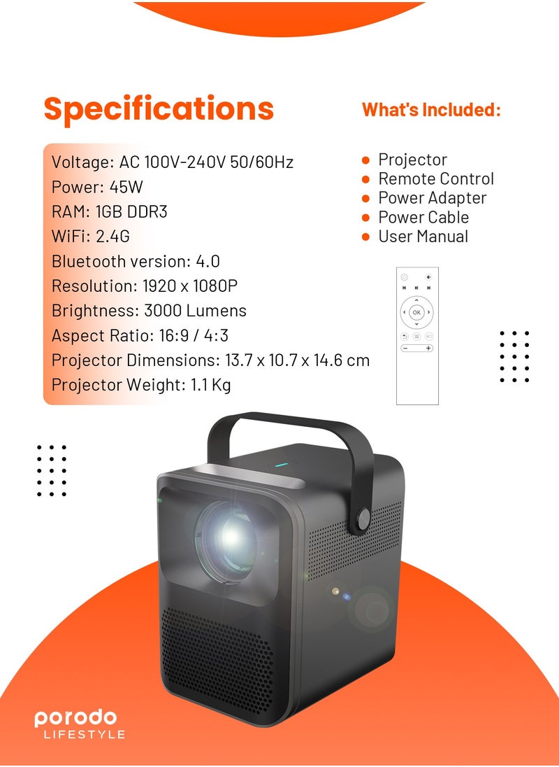 porodo - Full HD Portable Projector 2600mAh Built-in Battery Up to 100 inch Display 70 Min Playtime Wireless Mirroring Bluetooth Version 4.0 - Black - Image 1