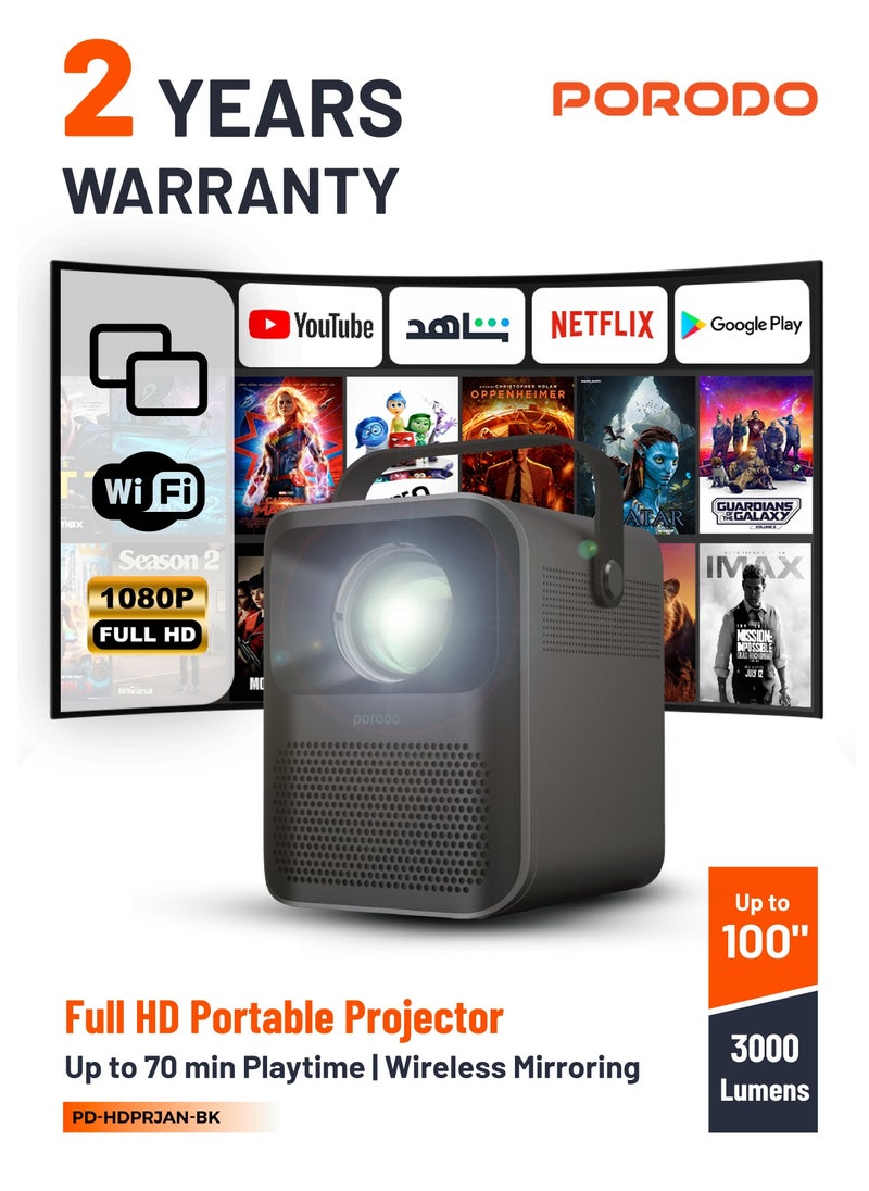 porodo - Full HD Portable Projector 2600mAh Built-in Battery Up to 100 inch Display 70 Min Playtime Wireless Mirroring Bluetooth Version 4.0 - Black - Image 1