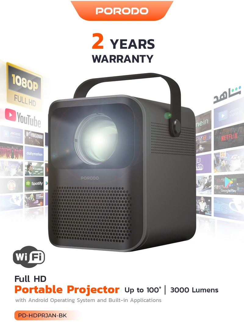 porodo Full HD Portable Projector 2600mAh Built-in Battery Up to 100 inch Display 70 Min Playtime Wireless Mirroring Bluetooth Version 4.0 - Black  - Image 1
