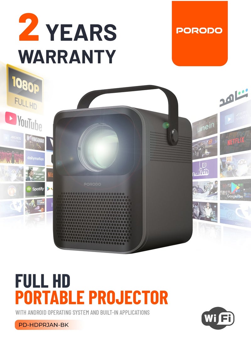 porodo Full HD Portable Projector 2600mAh Built-in Battery Up to 100 inch Display 70 Min Playtime Wireless Mirroring Bluetooth Version 4.0 - Black  - Image 1