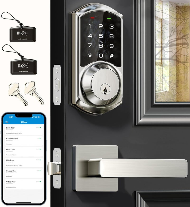 Veise VE06-L Smart Locks with 2 Lever Handle Set, App Control, Keyless Entry Deadbolt for Front Door, Electronic Digital Touchscreen Keypad, Auto Lock, Waterproof, Easy Installation, Satin Nickel - Image 1