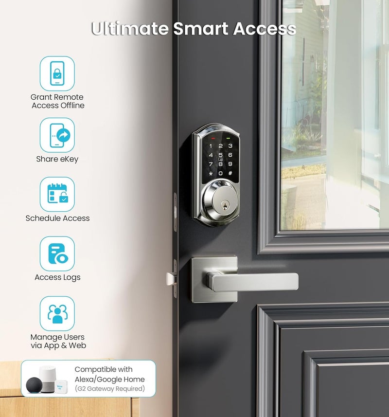 Veise VE06-L Smart Locks with 2 Lever Handle Set, App Control, Keyless Entry Deadbolt for Front Door, Electronic Digital Touchscreen Keypad, Auto Lock, Waterproof, Easy Installation, Satin Nickel - Image 4