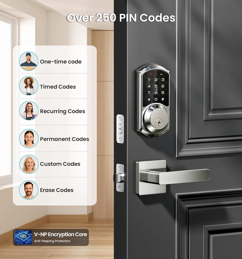 Veise VE06-L Smart Locks with 2 Lever Handle Set, App Control, Keyless Entry Deadbolt for Front Door, Electronic Digital Touchscreen Keypad, Auto Lock, Waterproof, Easy Installation, Satin Nickel - Image 3