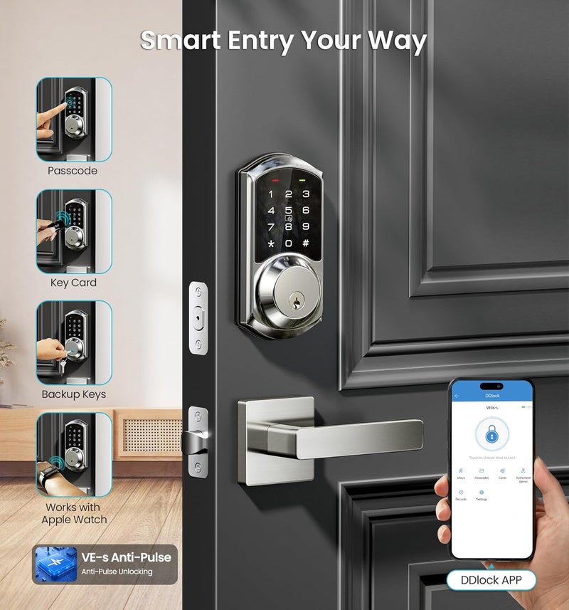 Veise VE06-L Smart Locks with 2 Lever Handle Set, App Control, Keyless Entry Deadbolt for Front Door, Electronic Digital Touchscreen Keypad, Auto Lock, Waterproof, Easy Installation, Satin Nickel - Image 2