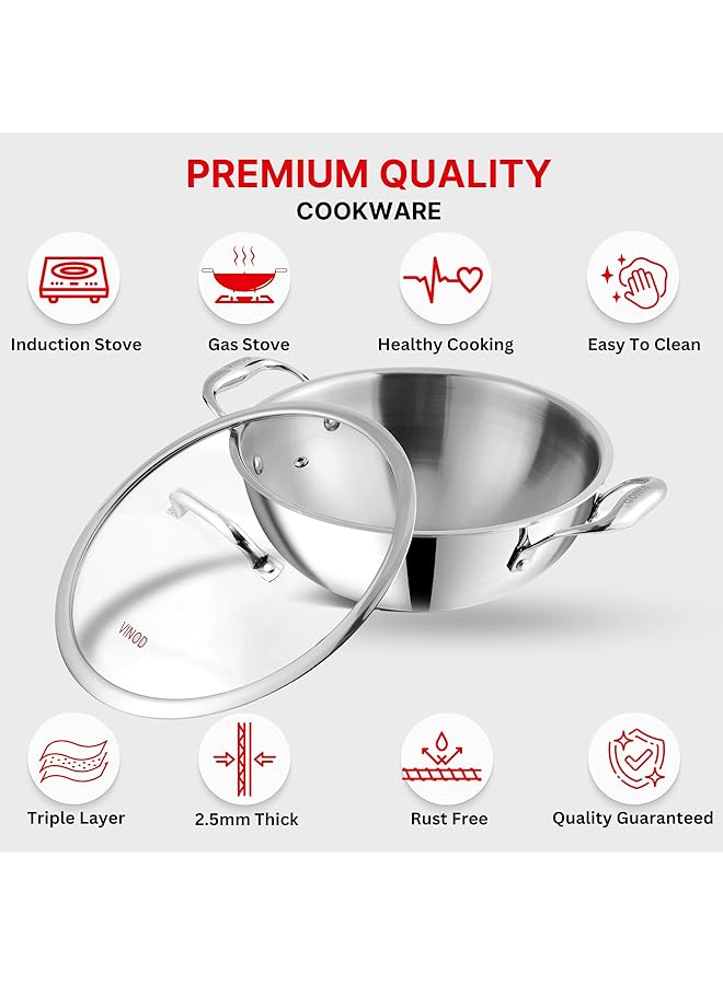 فينود قدر بلاتينيوم ثلاثي الطبقات من الفولاذ المقاوم للصدأ، عميق جدًا، مع غطاء زجاجي، سعة 1.2 لتر، قطر 18 سم | سمك 2.5 مم | مقابض جانبية متينة مثبتة بمسامير | مناسب لمواقد الحث والغاز | معدن ساس (عبوة من قطعتين) - Image 4