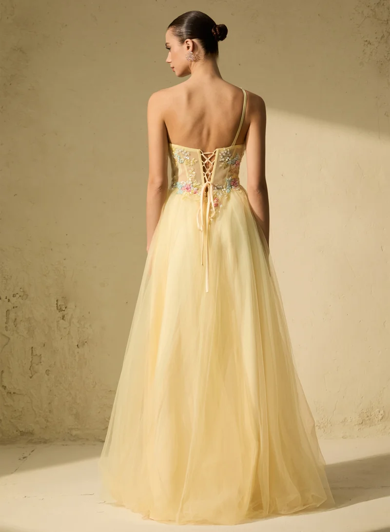 Sunfere  Glamorous Sweetie Yellow One-Shoulder Floral Embroidered Maxi Dress for Women | Best Price UAE