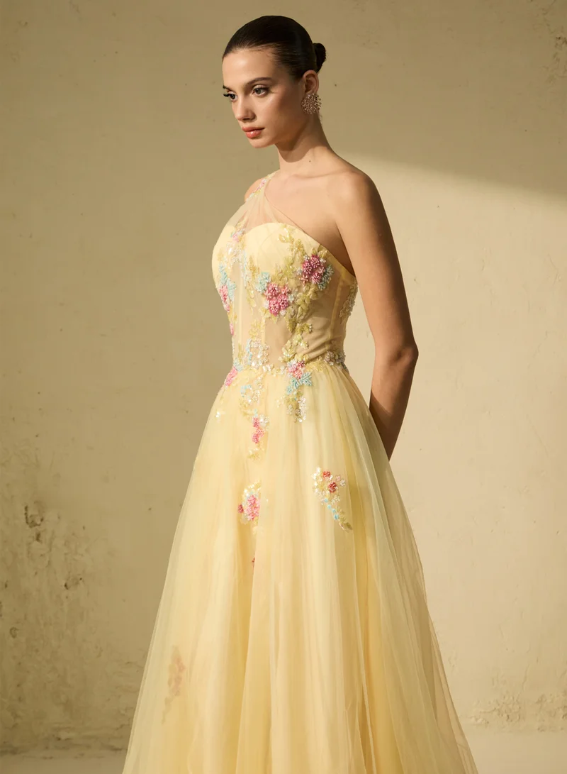 Sunfere  Glamorous Sweetie Yellow One-Shoulder Floral Embroidered Maxi Dress for Women | Best Price UAE