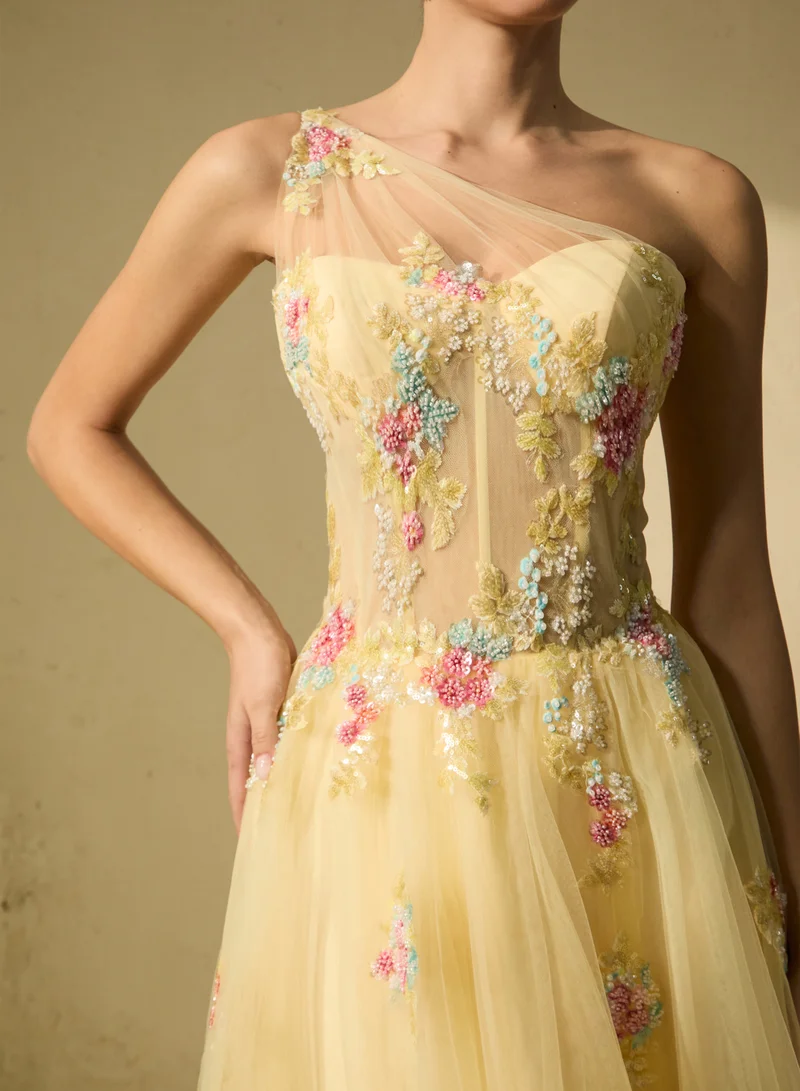 Sunfere  Glamorous Sweetie Yellow One-Shoulder Floral Embroidered Maxi Dress for Women | Best Price UAE