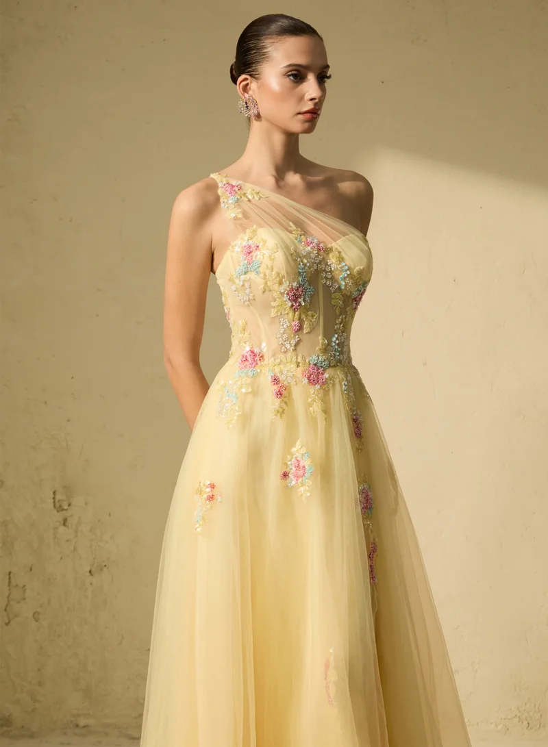 Sunfere  Glamorous Sweetie Yellow One-Shoulder Floral Embroidered Maxi Dress for Women | Best Price UAE