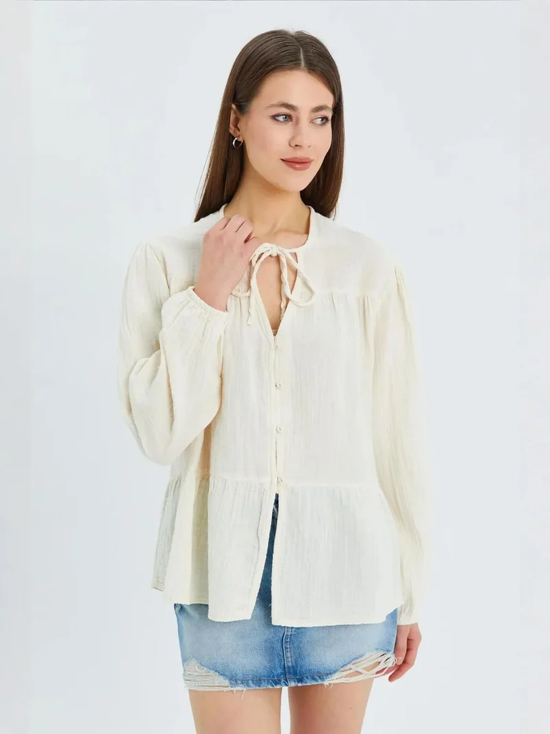 Mixray Long Sleeve Relaxed Fit Blouse with Tie-Neck