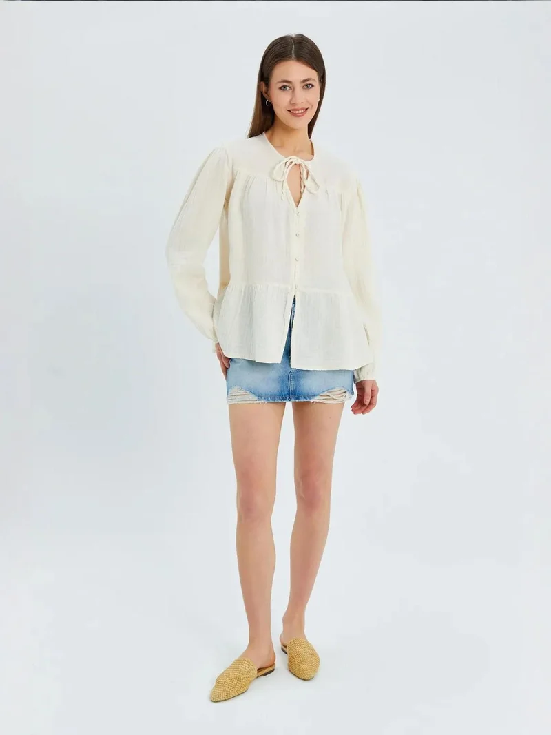 MixRay Natural Mixray Long Sleeve Relaxed Fit Blouse with Tie-Neck for Women | Best Price UAE
