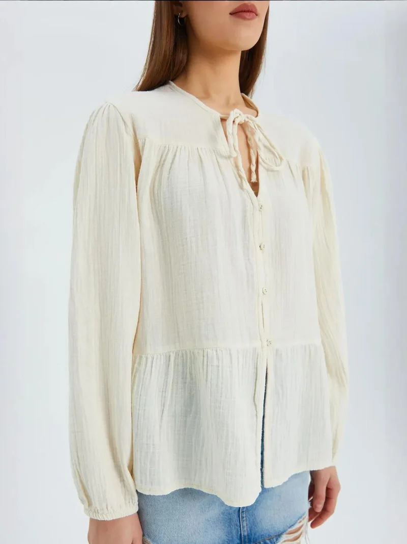 Mixray Natural Mixray Long Sleeve Relaxed Fit Blouse with Tie-Neck for Women | Best Price UAE